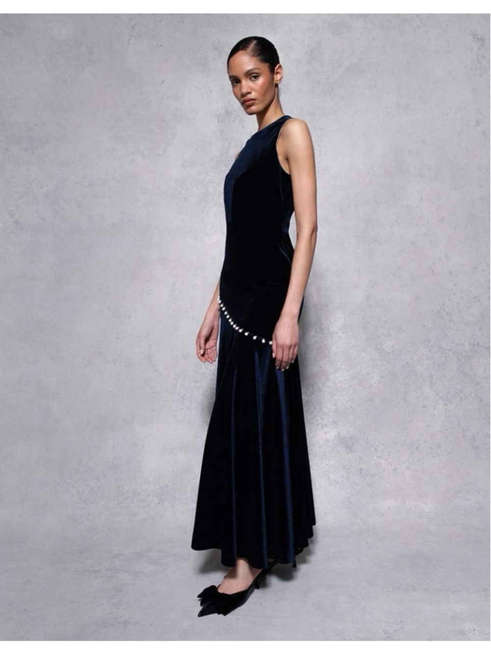 NWD Borgo De Nor Sole Velvet Maxi Dress Pearl Navy UK 12 US 8 Elegant Formal